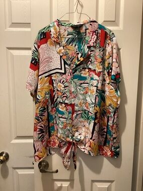 Investments Tropical Floral Blouse - Teal, Green, Pink, Yellow